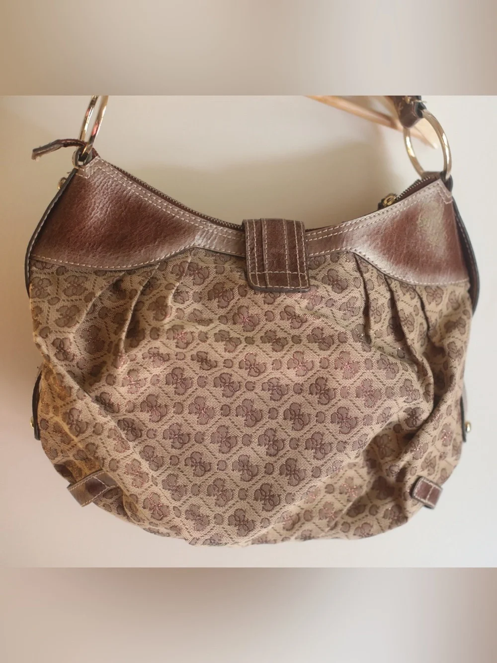 Guess Monogram Hobo Shoulder Bag Brown Canvas Faux Leather Y2K